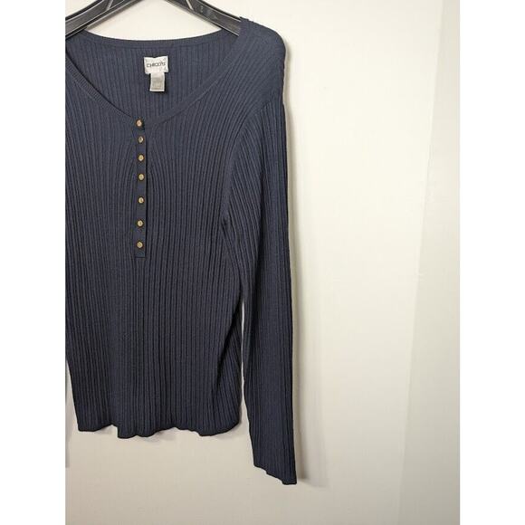 Chico's Size 3 Pullover Knit Sweater Vneck Snap accent Long Sleeve Navy … - Picture 4 of 11